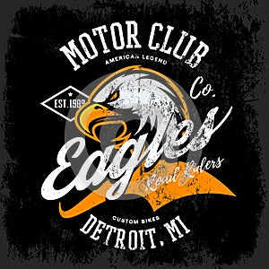 Vintage American furious eagle custom bike motor club tee print vector design isolated on dark background.