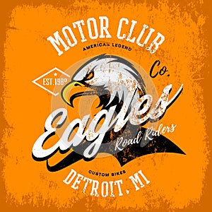 Vintage American furious eagle custom bike motor club tee print vector design isolated on orange background.