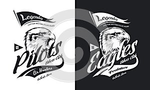 Vintage American furious eagle custom bikes motor club t-shirt black and white isolated vector logo.