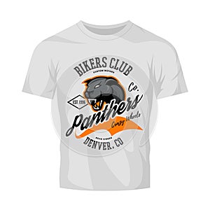 Vintage American furious panther bikers club tee print vector design isolated on white t-shirt mockup.