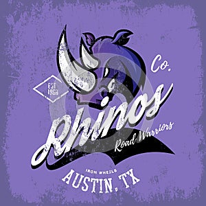 Vintage American rhino bikers club tee print vector design isolated on purple background.