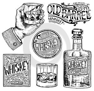 Vintage American whiskey badge. Alcoholic Label with calligraphic elements. Classic frame for poster banner. Glass with