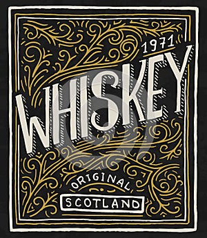 Vintage American whiskey badge. Alcoholic Label with calligraphic elements. Hand drawn engraved sketch lettering for t