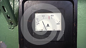 Vintage analog ammeter on green background