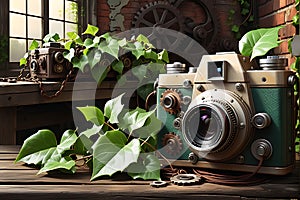 Vintage Analog Camera Adorned with Ivy - Gears Visible and Entwined with Foliage, Resting on an Aged Surface