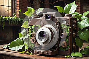 Vintage Analog Camera Adorned with Ivy - Gears Visible and Entwined with Foliage, Resting on an Aged Surface