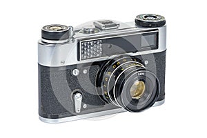 Vintage analog camera on white background