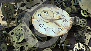 Vintage analog clock brass gears and cogs with rusty dial clock face rotating
