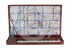 Vintage analog modular synthesizer with patchcords photo