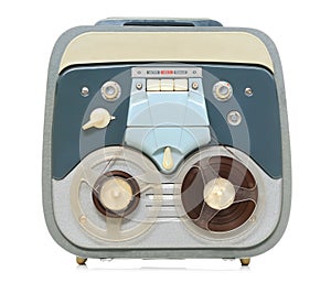 Vintage analog recorder reel to reel on white photo