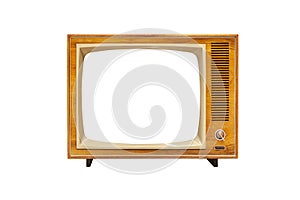 Vintage analog TV set with blank screen isolated on white background