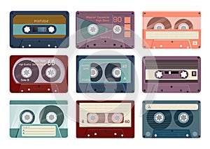 Vintage analogue audio tape cassette icon set