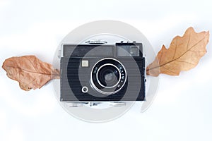 Vintage Analogue Photo Camera with wings Dry Maple Leaves on white background, Top View .