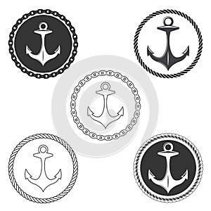 Vintage anchor logo elements set with boat rope and ship chain.