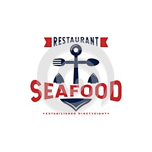 Vintage Anchor Restaurant Logo. With anchor, spoon, fork, fish, and seafood icon. Premium and luxury logo design