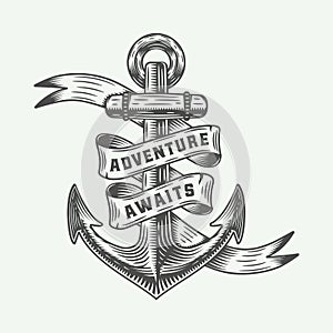 Vintage anchor in retro style with adventures typography.