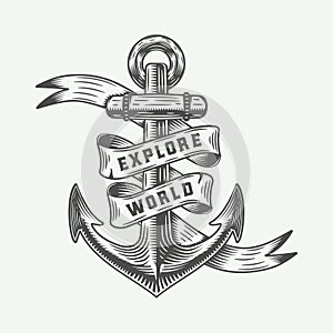 Vintage anchor in retro style with adventures typography. photo