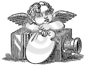 Vintage angel with antique camera graphic