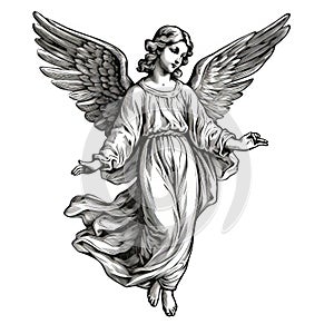 Vintage Angel Line Engraving Print In Black And White Illustration Style