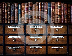 Vintage, antiquarian books on wooden old pharmaceutical cabinet. Retro medical and pharmaceutical background. Translation from photo