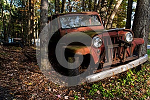 Vintage Antique Car - Junkyard in Autumn - Abandoned Willys Jeep Station Wagon - Pennsylvania