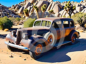 Vintage Antique Car Wrecks: A Glimpse into Joshua Tree\'s Golden Era photo