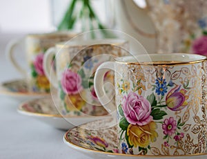 Vintage, antique, Crownford Burslem china demitasse coffee cups with rose design photo