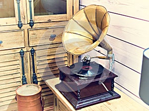 Vintage antique gramophone with phonograph record