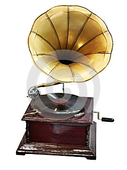 Vintage antique gramophone with phonograph record isolated