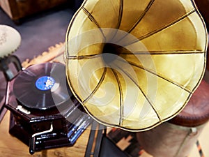 Vintage antique gramophone with phonograph record