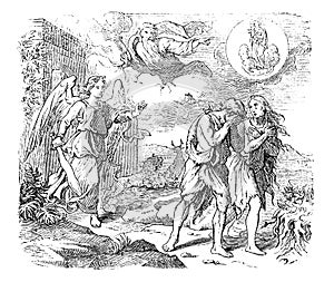 Vintage Drawing of Biblical Adam and Eve and Expulsion From Paradise photo