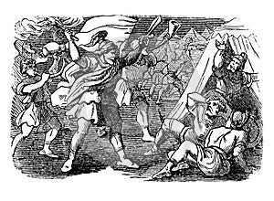 Vintage Drawing of Biblical Story of Israelites Under the Lead of Gideon Are Attacking Camp of Midianites. photo