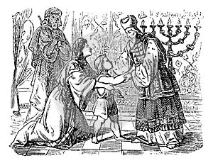 Vintage Drawing of Biblical Story of Elkanah and His Wife Hannah Who Are Presenting Son Samuel to Priest Eli. photo