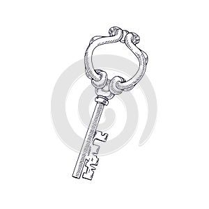 Vintage antique key of castle door. Etched engraved old unlocking item drawn in retro style. Outlined drawing of ancient