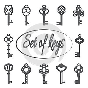 Vintage antique key collection isolated on white background. old victorian keys black silhouettes for doors and cars