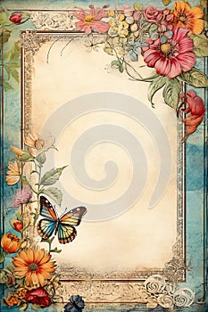 vintage antique old frame with flowers and butterfly - generative AI