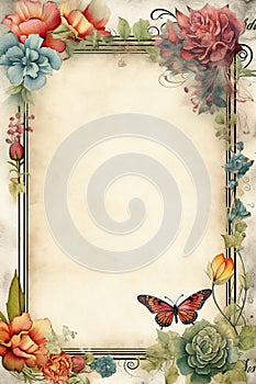 vintage antique old frame with flowers and butterfly - generative AI