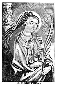 Vintage Antique Religious Allegorical Drawing or Engraving of Christian Holy Woman Saint Dorothy of Dorothea of Caesarea