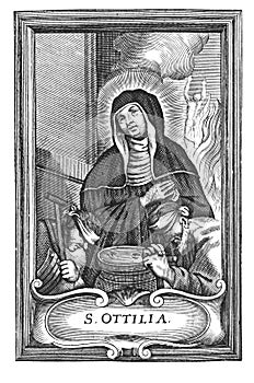 Vintage Antique Religious Allegorical Drawing or Engraving of Christian Holy Woman Saint Odile of Alsace or Odilia or