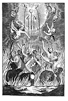 Vintage Antique Religious Allegorical Drawing or Engraving of People or Souls Suffering in Fire of Hell and Angels