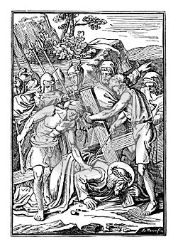 Vintage Antique Religious Biblical Drawing or Engraving of Jesus and 3th or Third Station of the Cross or Way of the