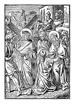 Vintage Antique Religious Biblical Drawing or Engraving of Jesus and 4th or Fourth Station of the Cross or Way of the