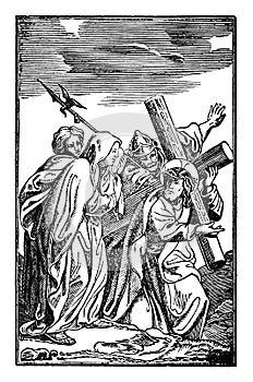 Vintage Antique Religious Biblical Drawing or Engraving of Jesus and 4th or Fourth Station of the Cross or Way of the