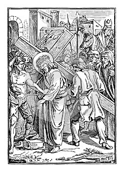 Vintage Antique Religious Biblical Drawing or Engraving of Jesus and 5th or Fifth Station of the Cross or Way of the