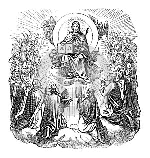 Vintage Antique Religious Biblical Drawing or Engraving of Jesus Christ Sitting on Throne as King in Haven Surrounded by