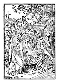 Vintage Antique Religious Biblical Drawing or Engraving of Jesus and 14th or Fourteenth Station of the Cross or Way of photo