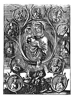 Vintage Antique Religious Drawing or Engraving of Queen Sitting on Throne Surrounded by Virgin Mary, Jesus, Kings and