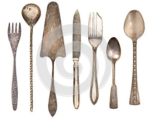 Vintage Antique silverware isolated on white background. Retro