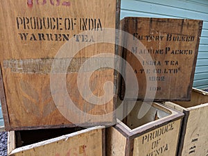 Vintage antique tea chests stacked up