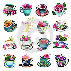 Vintage Antique Watercolor Teacups with flowers Illustration Set on isolated background